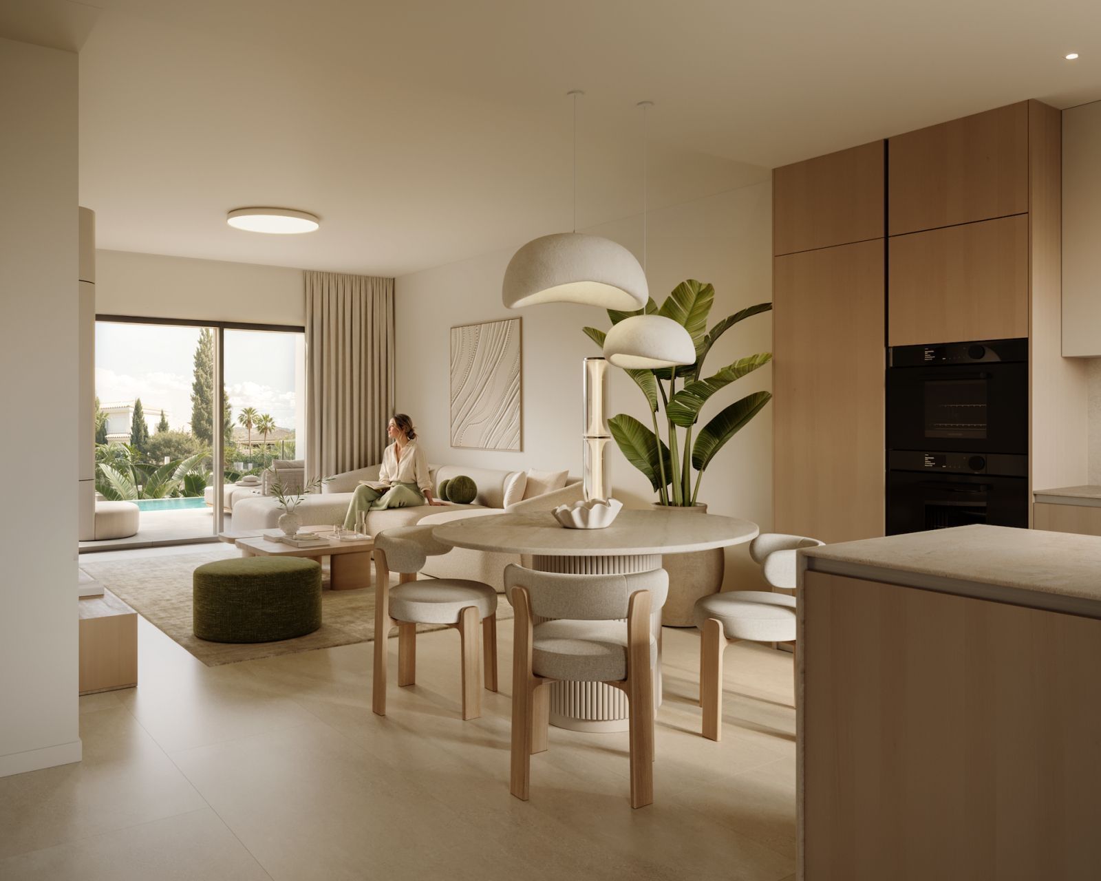 02 open plan living dining kitchen with pool view