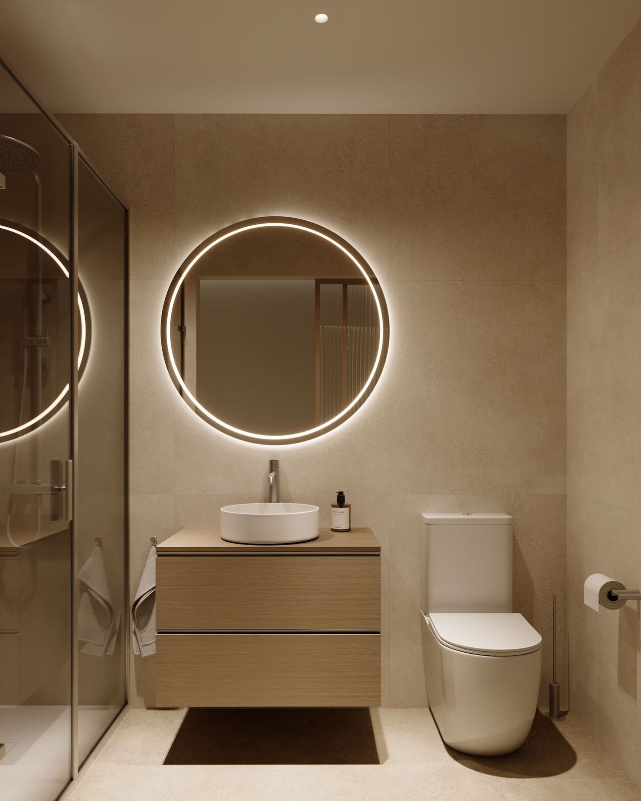 06 modern bathroom with round lit mirror